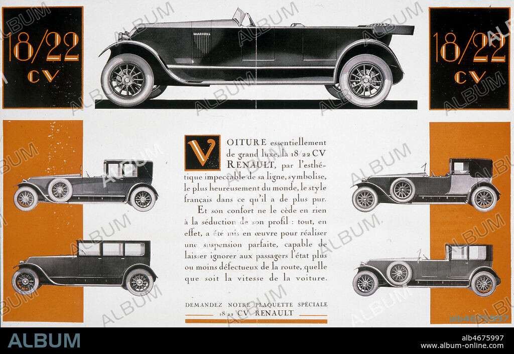 Publicite RENAULT de 1932 pour les 18-22 CV, page de catalogue. Credit : Collection KHARBINE-TAPABOR.