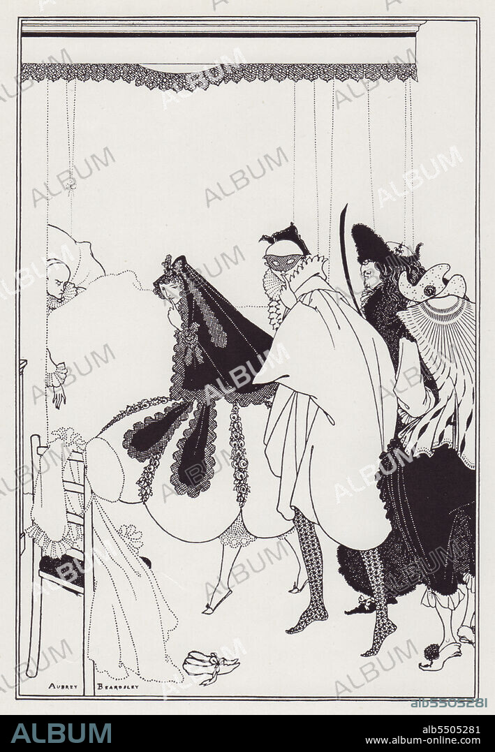 AUBREY BEARDSLEY. The Death of Pierrot, from The Savoy No. 6, 1896. Characters from the Commedia dell'Arte tiptoe towards the dying Pierrot, an alllusion to Beardsley's own death from tuberculosis less than two years later. Published in "The Best of Beardsley" edited by R. A. Walker, [The Bodley Head, London, 1948].