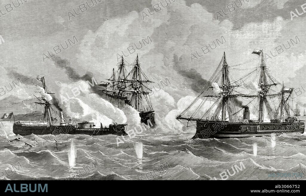 Guerra del Pacífico o Guerra del Guano o Salitre. Conflicto que enfrentó a Chile contra sus aliados Bolivia y Perú. Se desarrolló en el Pacífico y desierto de Atacama, 1879-1883. "Combate del buque Huascar, contra los buques chilenos Blanco Escalada y Cochrane, en aguas de mejillones, el 8 de octubre de 1879. Grabado por E. Vela. " La Ilustración Española y Americana. Año 1879.