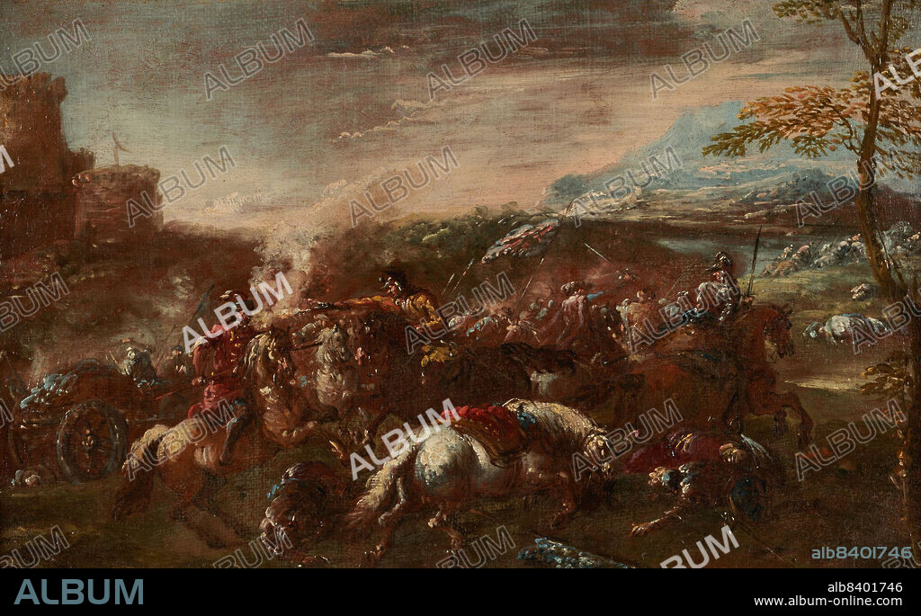 JACQUES COURTOIS (PEINTRE). Bataille, 17th century. Battle scene, soldiers, riders, horses.