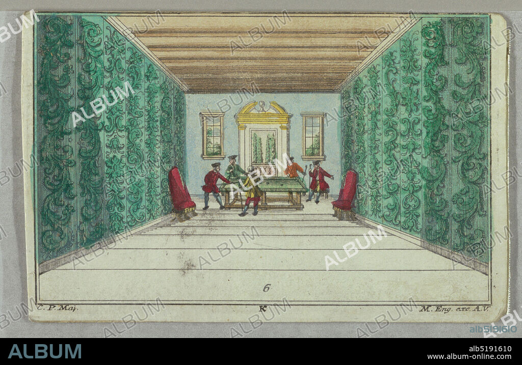 Peep-show Section: A Coff, Martin Engelbrecht, German, 16841756, C.P. Maj., Hand-colored etching, with engraving Support: white laid paper laid down on thick gray paper, Interior of three rooms, furniture and costumes of the times. Men and women engaged in drinking coffee, smoking, and gaming., Augsburg, Germany, Germany, ca. 1750, architecture, Peep-show, Peep-show.