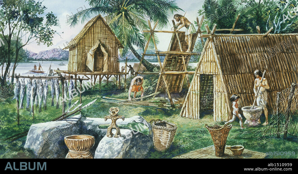 Prehistory, Neolithic, Japan. Reconstructed late Jomon period settlement. Drawing.