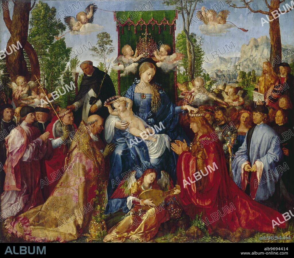 The Feast of the Rose Gardens by Albrecht Durer. Albrecht Dürer (May 21, 1471 - April 6, 1528) was a German painter, wood carver, engraver, and mathematician of Hungarian ancestry. or. Garland of Roses Altarpiece, 1600. Durer, Albrecht (1471-1528) (after). in Kunsthistorisches Museum, Vienna, Austria. Century C17th. ©TopFoto.