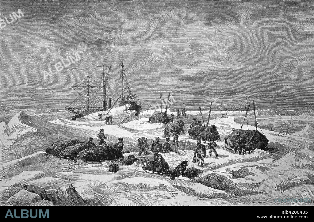 Sailor Admiral Tegetthoff of Bremerhaven in the Barents Sea, the Arctic, the Austro-Hungarian polar expedition with Captain Carl Weyprecht, 1872, 1873. leaving of the vessel after the return of the carriage passengers, Reproduction of an original woodcut from the year 1882, digital improved.
