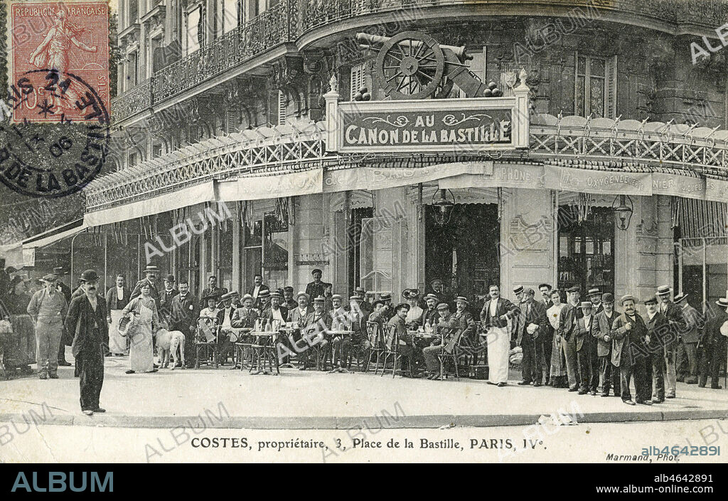 'Au canon de la Bastille' : devanture d'une brasserie. Photographie anonyme pour une carte postale vers 1908. Credit : Collection IM/KHARBINE-TAPABOR.