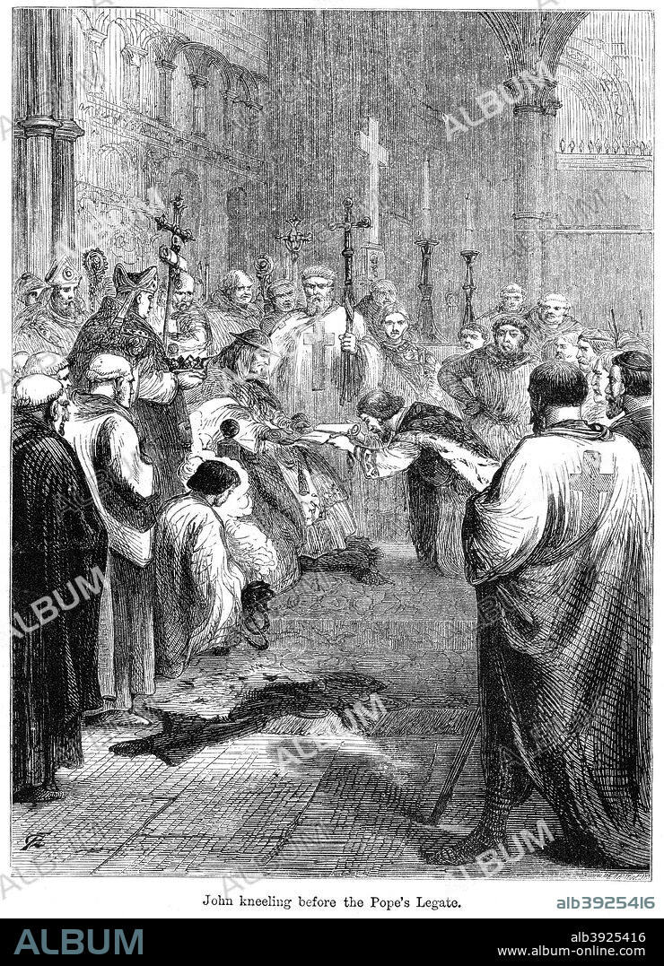 King John (1167-1216) kneeling before the Pope's legate, 1213. Following a dispute between King John and Pope Innocent III regarding John's insistence on his sole right to elect a new Archbishop of Canterbury (following the death of Hubert Walter in 1205), John was excommunicated in 1209 and, in 1213, Innocent threatened stronger measures unless John submitted. The papal terms for submission were accepted in the presence of the papal legate Pandulph in May 1213. In addition, John offered to surrender the Kingdom of England to God and the Saints Peter and Paul for a feudal service of 1000 marks annually, 700 for England and 300 for Ireland. With this submission, John gained the valuable support of his papal overlord in his new dispute with the English barons.