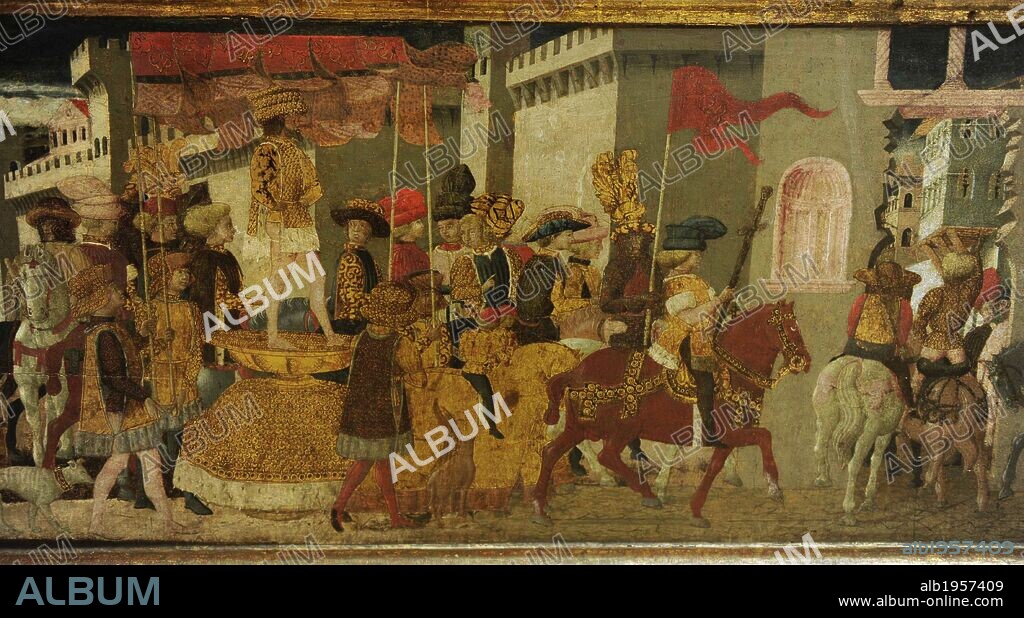 Giovanni di Ser Giovanni, known as Lo Scheggia (1406-1486). Italian painter. Nuptial Chest (cassone). In the front, the triumphal entry of Romulus and Tatius in Rome. Detail. National Museum of Art. Copenhagen. Denmark.