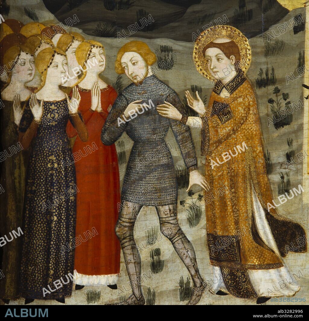 JAUME SERRA. Retablo de San Esteban, hacia 1385. Detalle. Temple, dorado con pan de oro y hoja metálica sobre tabla.  185,7 x 186,5 x 11 cm.  Procede del monasterio de Santa Maria de Gualter (Noguera). Museu Nacional d'Art de Catalunya.