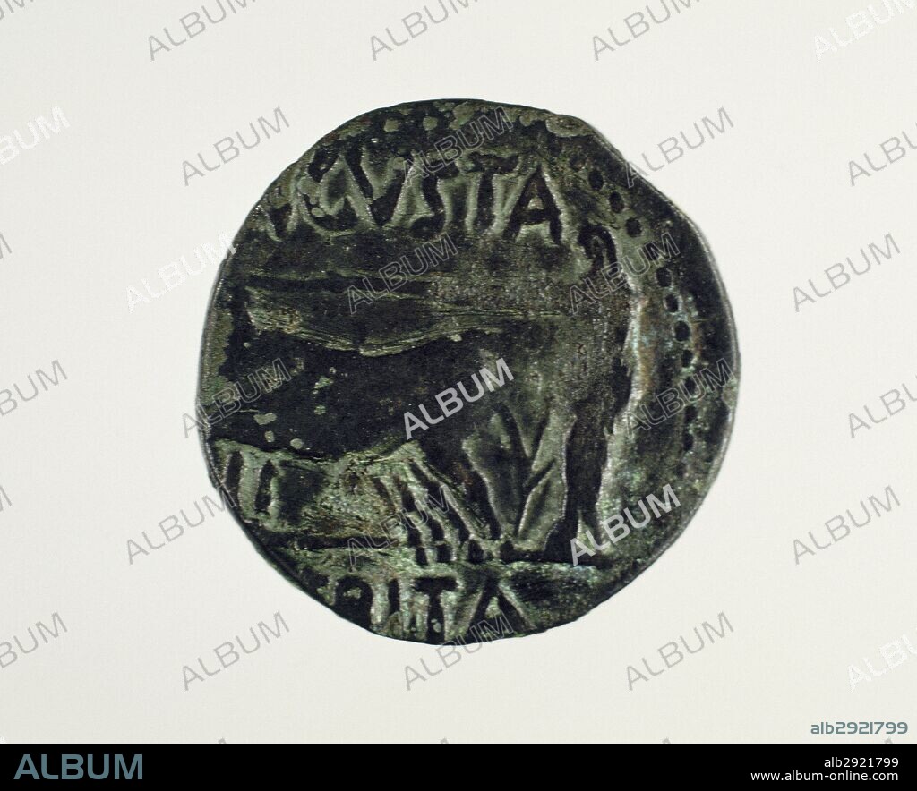 MONEDA ROMANA-ACUÑACION HISPANO-ROMANAS. Reverso de un AS con decoración alusiva a la fundación de la ciudad de MERIDA, "la yunta de bueyes guiada por un sacerdote" (siglo I a. C.). CECA DE LA COLONIA AUGUSTA EMERITA. Museo Nacional de Arte Romano. Mérida. Provincia de Badajoz. Extremadura. España.