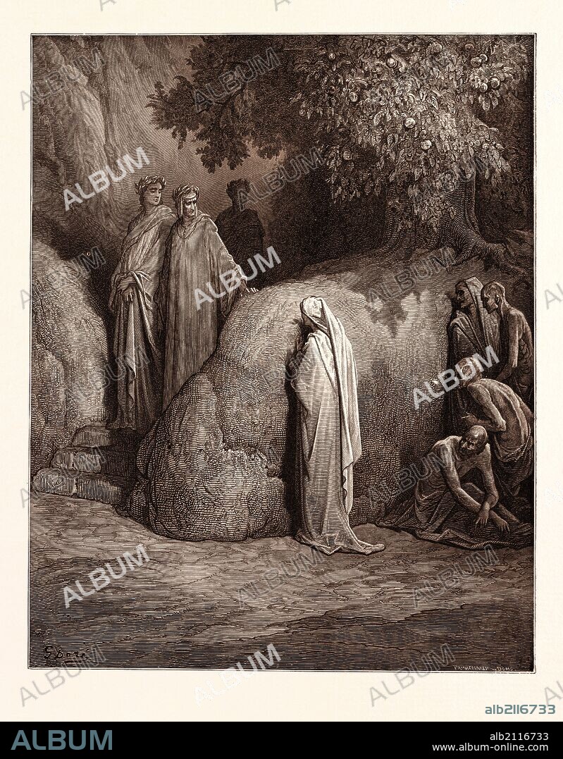 DANTE AND THE SPIRIT OF FORESE, BY GUSTAVE DORÉ. Gustave Dore, 1832 - 1883, French. Engraving for the Purgatorio by Dante. Wood engraving by Pannemaker and Doms after Gustave Dore, with signatures in the print, 1870, Art, Artist, romanticism, colour, color engraving.