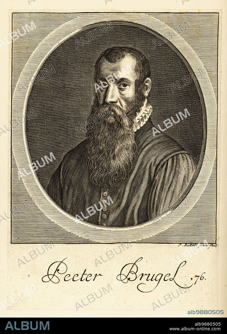 Portrait of Pieter Bruegel the Elder; c.1525-1569, Renaissance painter and printmaker from Brabant. Peeter Brugel. Copperplate engraving by Philippe Bouttats Junior from Cornelis de Bies The True Effigies of the most Eminent Painters, D. Browne at ye Black Swan, London, 1694.