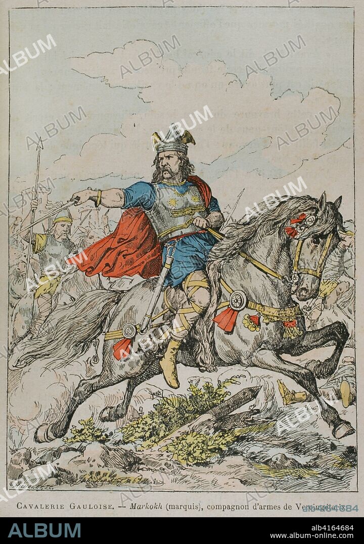 Guerra de las Galias. Conflicto militar entre las tropas romanas dirigidas por Julio Cesar y las tribus galas. Guerreros galos dirigidos por Markokh (Marquis), compañero de armas de Vercingétorix. Ilustración a color de la "Armeé Française, Nos Soldats" (Ejército Francés, Nuestros Soldados). Autor, Eugene Hennebert (1826-1896). París, h. 1890. Ilustrador, Joseph Hussenot (1827-1896). Biblioteca Histórico Militar de Barcelona, Cataluña, España.