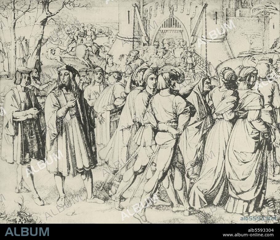Goethe, Johann Wolfgang von. 1749-1832. Werke: Faust (1808). "Osterspaziergang". Zeichnung, 1811, von Peter von Cornelius. (1783-1867) aus der Folge von Illustrationen zu Goethes Faust. Frankfurt a. M., Städelsches Kunstinstit.