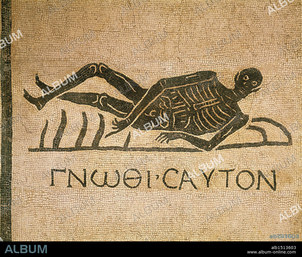 Roman civilization. Mosaic depicting human skeleton and the inscription "Know thyself." From the Convento di San Gregorio on the Via Appia.