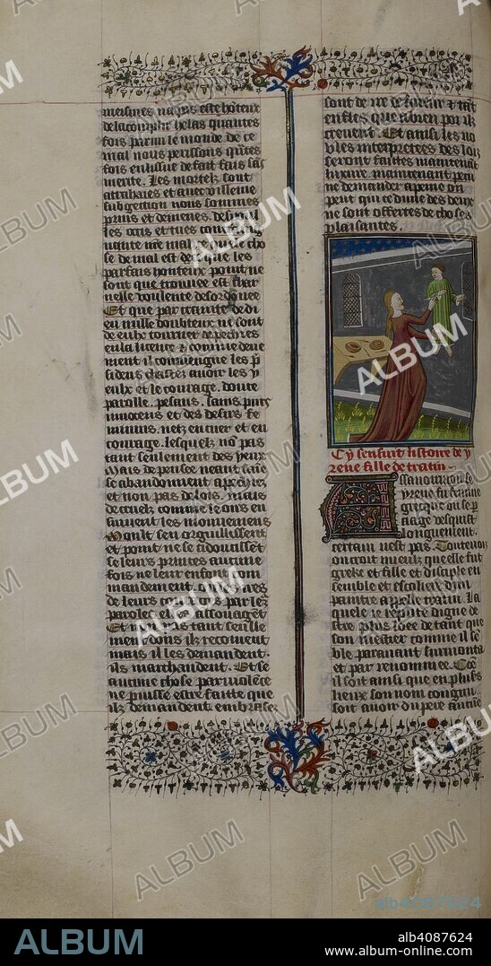 GIOVANNI BOCCACCIO. Miniature shows Irene, daughter of Cratinus, painting a picture. De claris mulieribus. Early 15th century. Source: Royal 16 G. V, f.73v. Language: French.