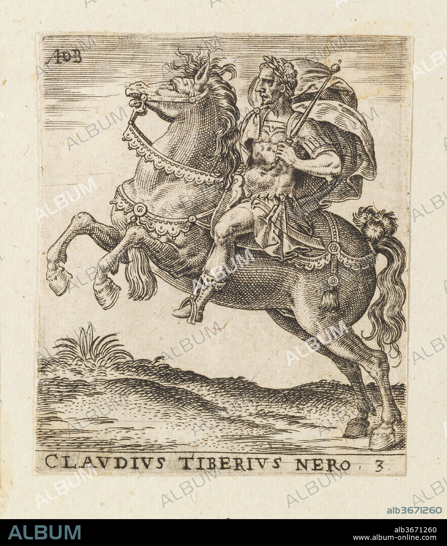 Claudius Tiberius Nero from Twelve Caesars on Horseback. Artist: Abraham de Bruyn (Flemish, Antwerp 1540-1587 Cologne (?)). Dimensions: Sheet: 2 1/4 × 1 7/8 in. (5.7 × 4.8 cm). Date: ca. 1565-1587.