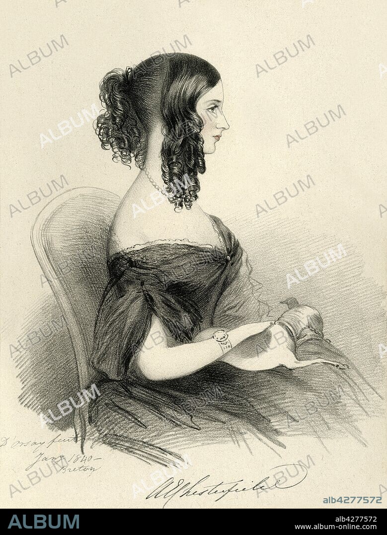 RICHARD JAMES LANE. 'The Countess of Chesterfield', 1833. Portrait of Anne Elizabeth Stanhope (née Forester), Countess of Chesterfield (1802-1885), political confidante, wife of 6th Earl of Chesterfield. From "Portraits by Count D'Orsay", an album assembled by Lady Georgiana Codrington. [1850s].