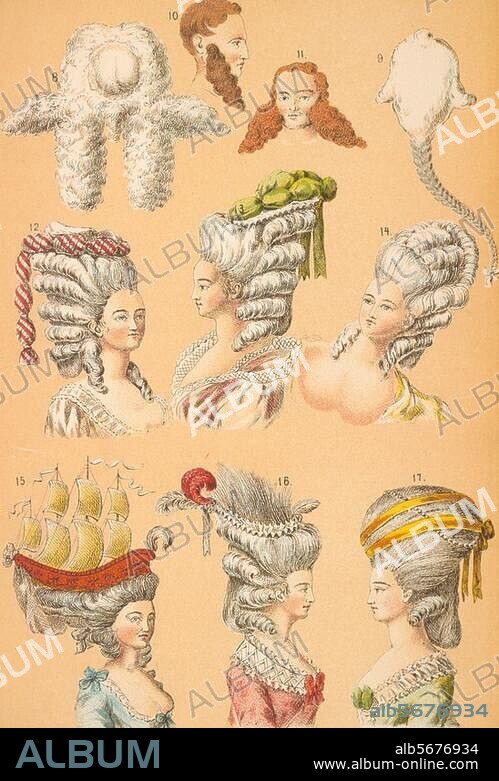 Mode / Haartracht. "Frisuren". (Hochfrisuren um 1775 und Backenbart des 19. Jh.). Farblithographie nach zeitgenössischen Originalen. Aus: Floegels Geschichte des Grotesk-Komischen, bearb. (..) von Friedrich W.Ebeling, Leipzig (H.Barsdorf) 1887, Taf. 35. Berlin, Sammlung Archiv für Kunst und Geschichte.