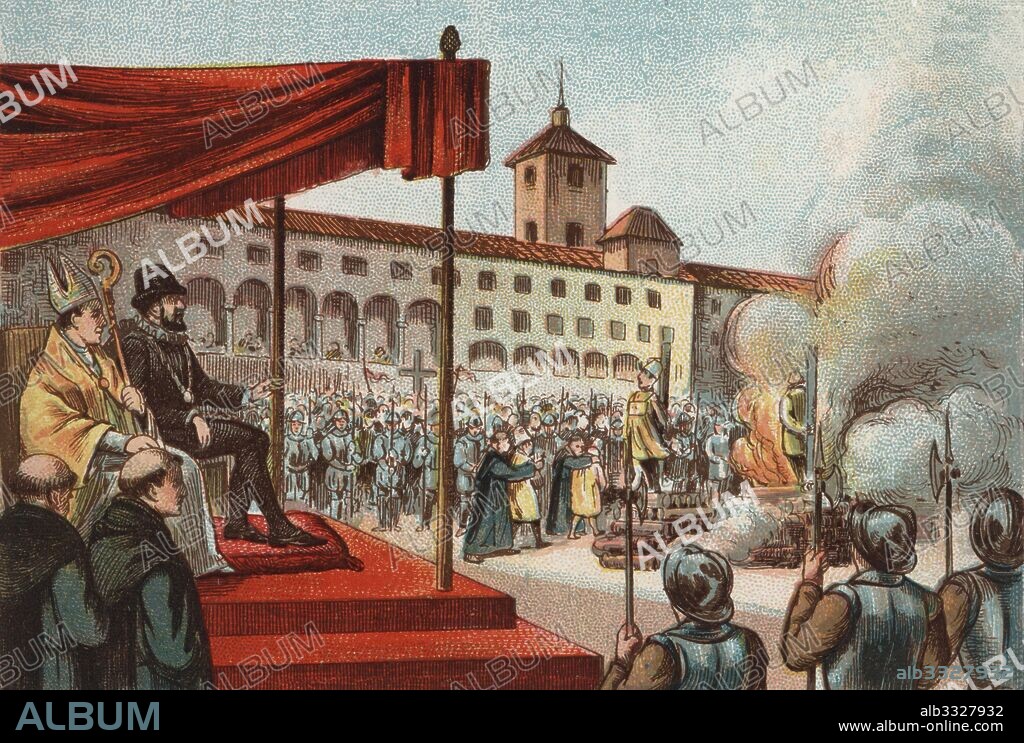 Historia de España. El rey de España Felipe II (1527-1598), en un auto de fe celebrado por la inquisición en Valladolid el 8 de octubre de 1559.