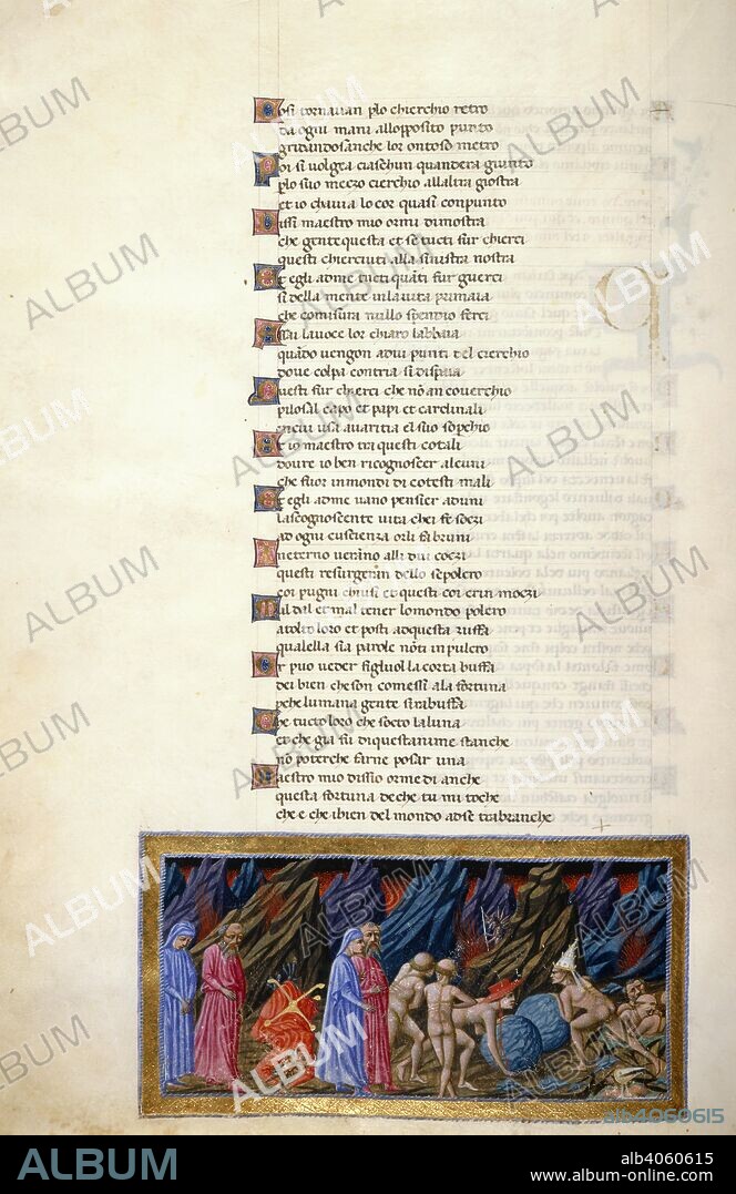 DANTE ALIGHIERI. Inferno, Canto VII. Miniature shows Plutus prostrate before Dante and Virgil; Dante and Virgil observe the Avaricious and the Prodigal pushing stones; the Wrathful and the Sullen in Styx. Divine Comedy. Italy [Tuscany]; 1442-1450. Source: Yates Thompson 36, f.12v. Language: Italian.