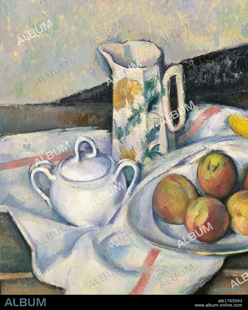 Still Life with Peaches and Pears, by Paul Czanne, 1890-1894, 19th Century, oil on canvas, cm 61 x 90. Russia, Moscow, Pushkin Museum. Detail. Still life peaches jug sugar bowl table tablecloth.