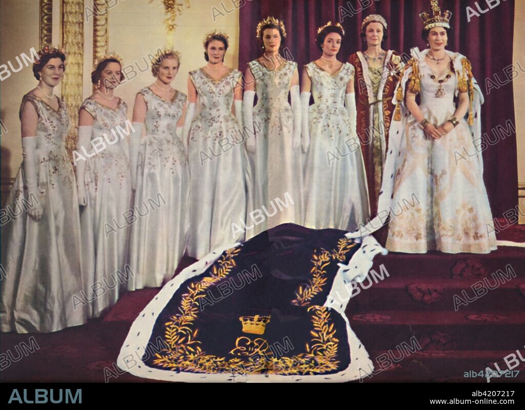 'Her Majesty the Queen with her Mistress of the Robes and the six Maids of Honour', 1953. Elizabeth II (born 1926), Queen of the United Kingdom and the other Commonwealth realms, was crowned on 2 June 1953 at Westminster Abbey in London. From The Queen Elizabeth Coronation Souvenir. [London, 1953].