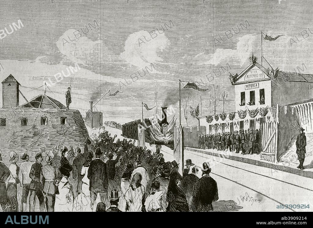 España. País Vasco. Vitoria (Alava). LLegada del primer tren a la estación, el 23 del actual. Dibujo de A. Rodriguez Tejero. Grabado. La Ilustración Española y Americana, 30 de enero de 1876. Biblioteca Histórico Militar de Barcelona. Cataluña, España.