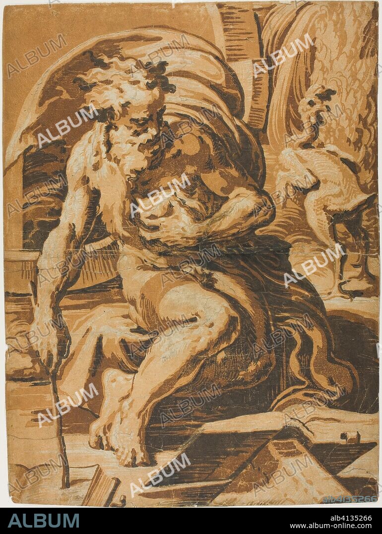 Diogenes. Ugo da Carpi (Italian, c. 1480-1535); or after Parmigianino (Italian, 1503-1540). Date: 1520-1530. Dimensions: 460 x 341 mm. Chiaroscuro woodcut from three blocks on ivory laid paper. Origin: Italy.