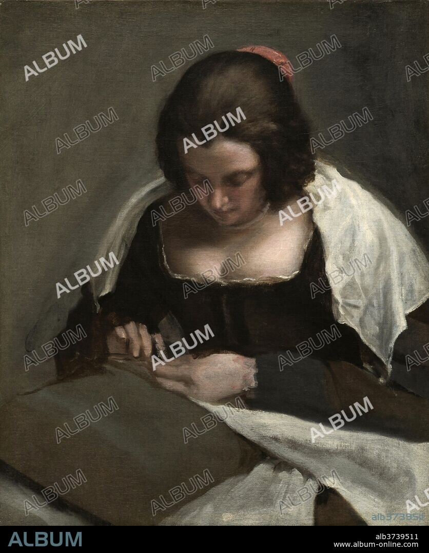 DIEGO VELAZQUEZ. The Needlewoman. Dated: c. 1640/1650. Dimensions: overall: 74 x 60 cm (29 1/8 x 23 5/8 in.)  framed: 102.2 x 88.3 x 7.6 cm (40 1/4 x 34 3/4 x 3 in.). Medium: oil on canvas.
