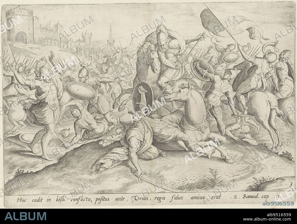 Uriah, by order of King David, is placed at the front in the most dangerous place in the battle. He is killed by the enemy with a lance. Below the representation a reference in Latin to the Bible text in 2 Sam. 11. Death of Uriah History of David and Bathsheba Theatrum biblicum , print maker: Johann Sadeler (I), (attributed to), Marten van Cleve (I), publisher: Claes Jansz. Visscher (II), Amsterdam, 1579 and/or 1596 - 1643, paper, engraving, h 199 mm × w 286 mm.