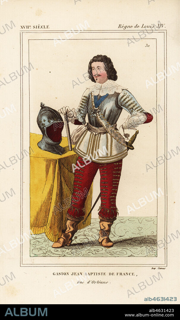 Gaston, Duke of Orleans, third son of King Henry IV of France and Marie de Medici, 1608-1660. Gaston Jean Baptiste de France, Duc d'Orleans. In the uniform of an officer of the Gardes-Francaises. Handcoloured lithograph by Breton after a portrait in Roger de Gaignieres' gallery portfolio X 55 from Le Bibliophile Jacob aka Paul Lacroix's Costumes Historiques de la France (Historical Costumes of France), Administration de Librairie, Paris, 1852.