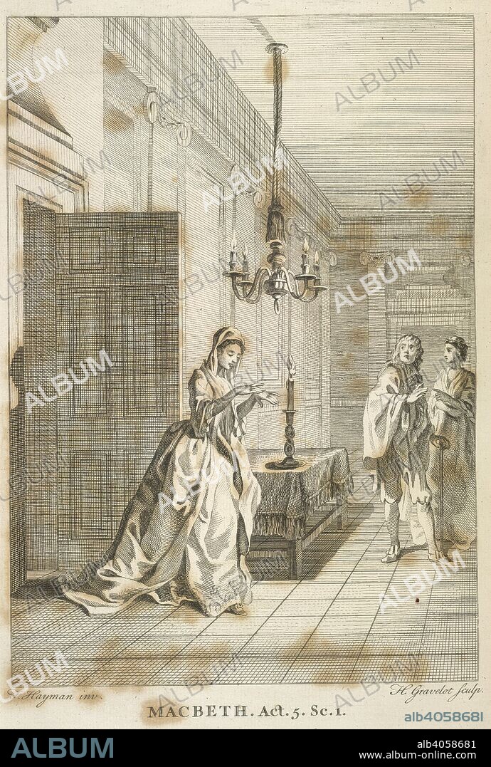 WILLIAM SHAKESPEARE. Lady Macbeth. The Works of Shakespear. In six volumes. Carefully. Oxford, 1744, 43. Lady Macbeth looking at her hands.  Image taken from The Works of Shakespear. In six volumes. Carefully revised and corrected [by Sir T. Hanmer] by the former editions, and adorned with sculptures [after designs by F. Hayman], etc. (Mr. Pope's Preface.-Some account of the life of W. Shakespear, by Mr. Rowe.) L.P..  Originally published/produced in Oxford, 1744, 43. . Source: 79.l.10, 474. Language: English.