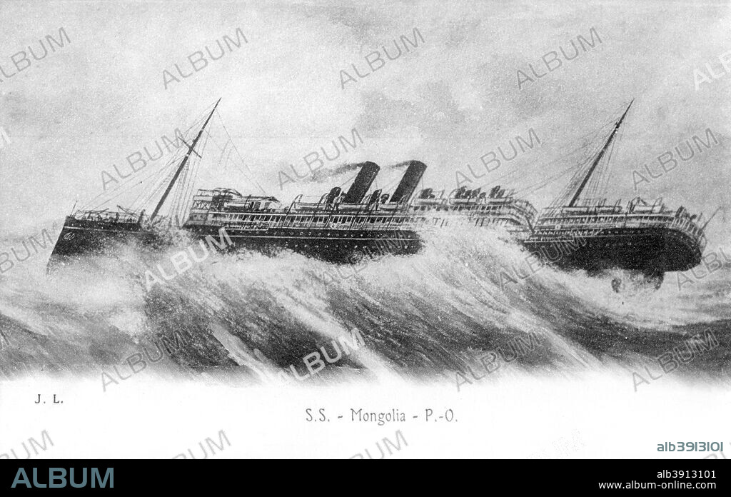 SS 'Mongolia' in heavy seas, c1903-c1917. The 'Mongolia' was a 9509 ton passenger and cargo liner built for the Peninsular and Oriental Steam Navigation Company (P&O). Launched in 1903 she was sunk off Bombay in 1917 when she struck a mine.