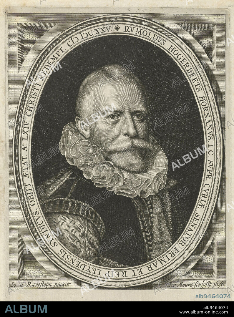 Portrait of Rombout Hogerbeets, pensionary of Leiden. In 1619, together with Hugo de Groot, he was sentenced to life imprisonment., Portrait of Rombout Hogerbeets, print maker: Jacob van Meurs, (mentioned on object), after: Jan Antonisz van Ravesteyn, (mentioned on object), Northern Netherlands, 1648, paper, engraving, h 236 mm × w 140 mm.