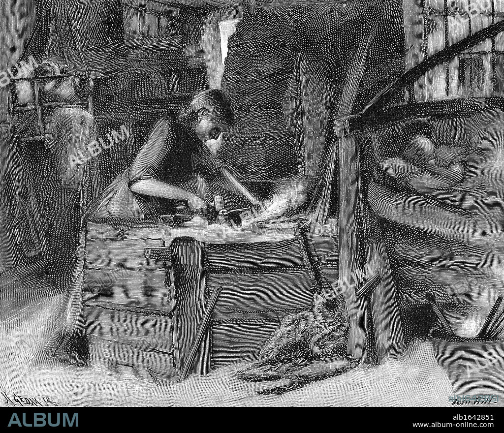 Making chains in the Cradley Heath district of the Black Country in the English Midlands. Women made the smaller sizes of chain. No.8 which had about 79 links per metre and weighed 2g took a woman a week to make 12.7kg for which she might earn 25p. Wood engraving, 1890.
