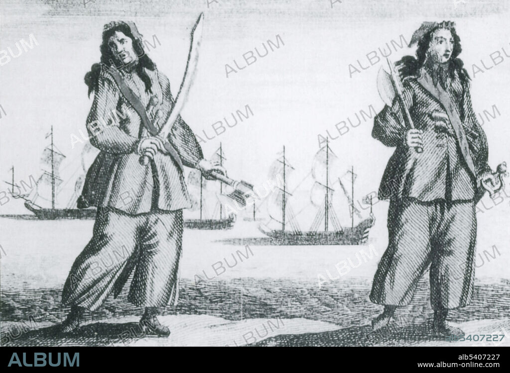 Mary Read (1685 - 1721) was an English pirate. In male disguise, she joined the British military. In 1720 she joined pirate John "Calico Jack" Rackham. Anne Bonny (1702 - 1782) was an Irish red-haired beauty who married a poor sailor named James Bonny and wound up in the Bahamas. She met Calico Jack and became his mistress. In 1720 Rackham and his crew were arrested and hung for acts of piracy. The women escaped the noose when they revealed they were both pregnant. Read died in prison in 1721. Bonny disappeared from the historical record, presumed to have lived a long life in Colonial America.