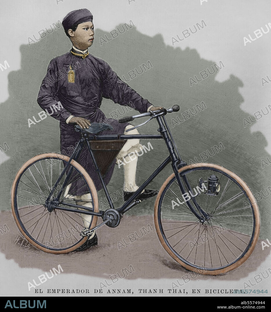 Thanh Thai (ruled 1889-1907). Emperor of Annam (Central Vietnam). Nguyen dynasty. The Emperor of Annam on a bicycle. Engraving. Later colouration. La Ilustración Española y Americana, 1898.