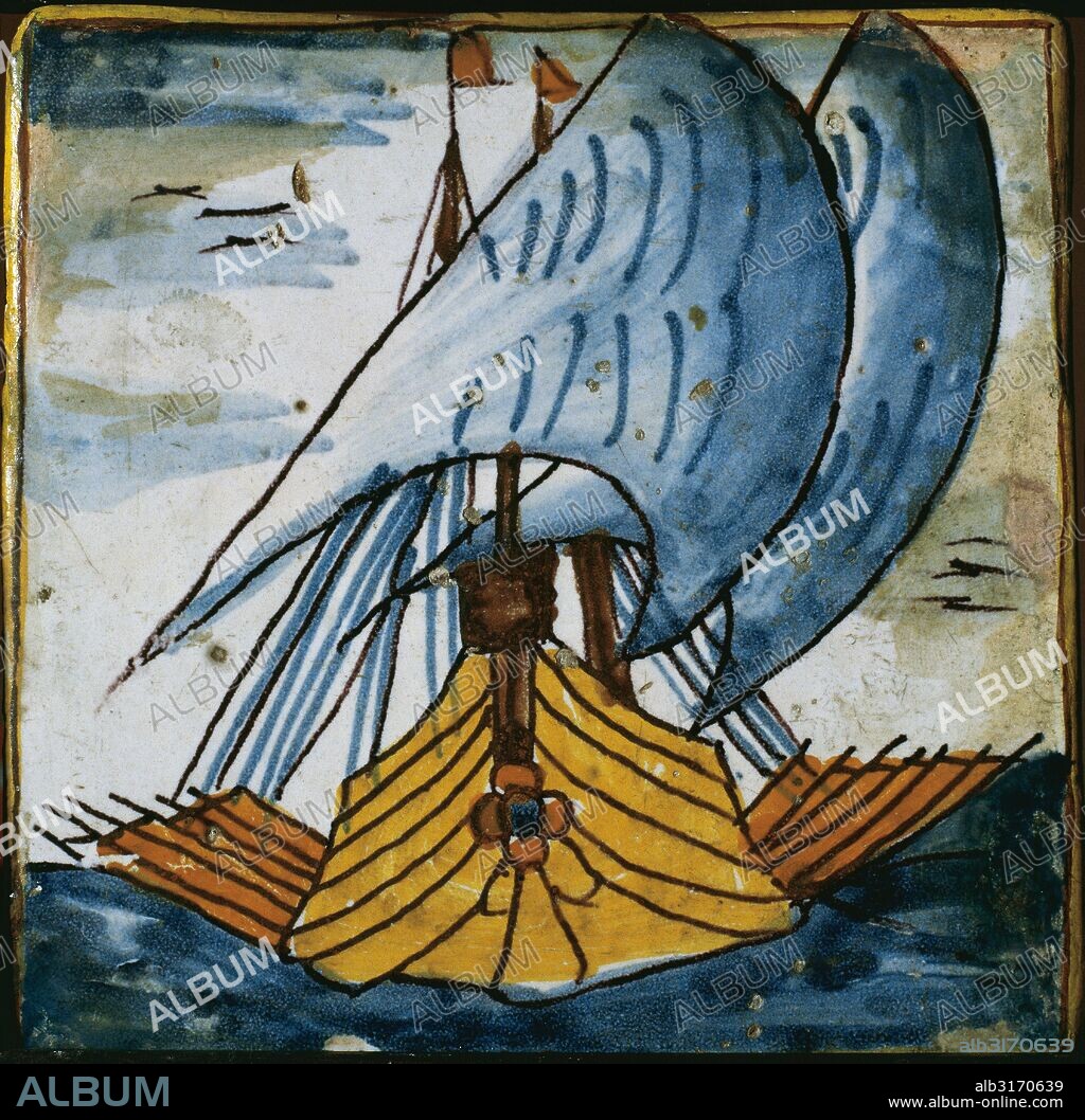 HISTORIA DE LA NAVEGACION. Azulejo del siglo XVIII principios del siglo XIX con la representación de un GALEON CON VELAS Y REMOS NAVEGANDO FRONTALMENTE CON SUS VELAS DESPLEGADAS Y BANDERAS AL VIENTO. Cerámica catalana policromada, perteneciente al llamado "Siglo de oro de la loza catalana y barcelonesa". Museu Diocesà de Barcelona. Cataluña.