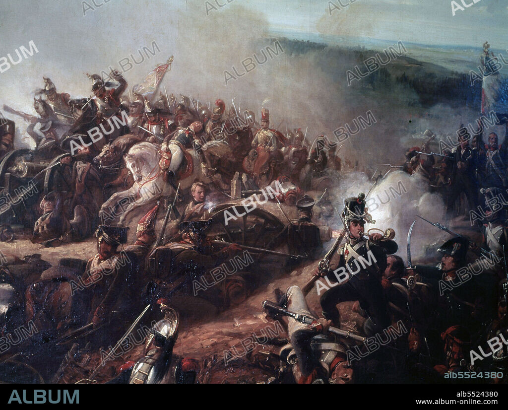 BATALLA DE BORODINO. LOS FRANCESES SE APODERAN DE BORODINO EL 7/9/1812 DEJANDO ABIERTA A NAPOLEON LA MARCHA HACIA MOSCU.. EL GENERAL CAULAINCOURT MUERE CON SUS CORACEROS ANTE EL GRAN REDUCTO.. OLEO DE CHARPENTIER.