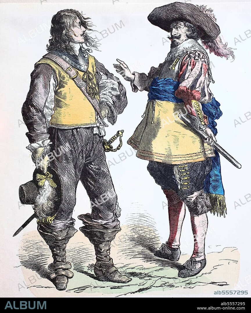 Folk traditional costume, clothing, history of costumes, English and Flamlanders, 1640, England, Belgium, digitally restored reproduction of a 19th century original, exact date unknown, Europe.