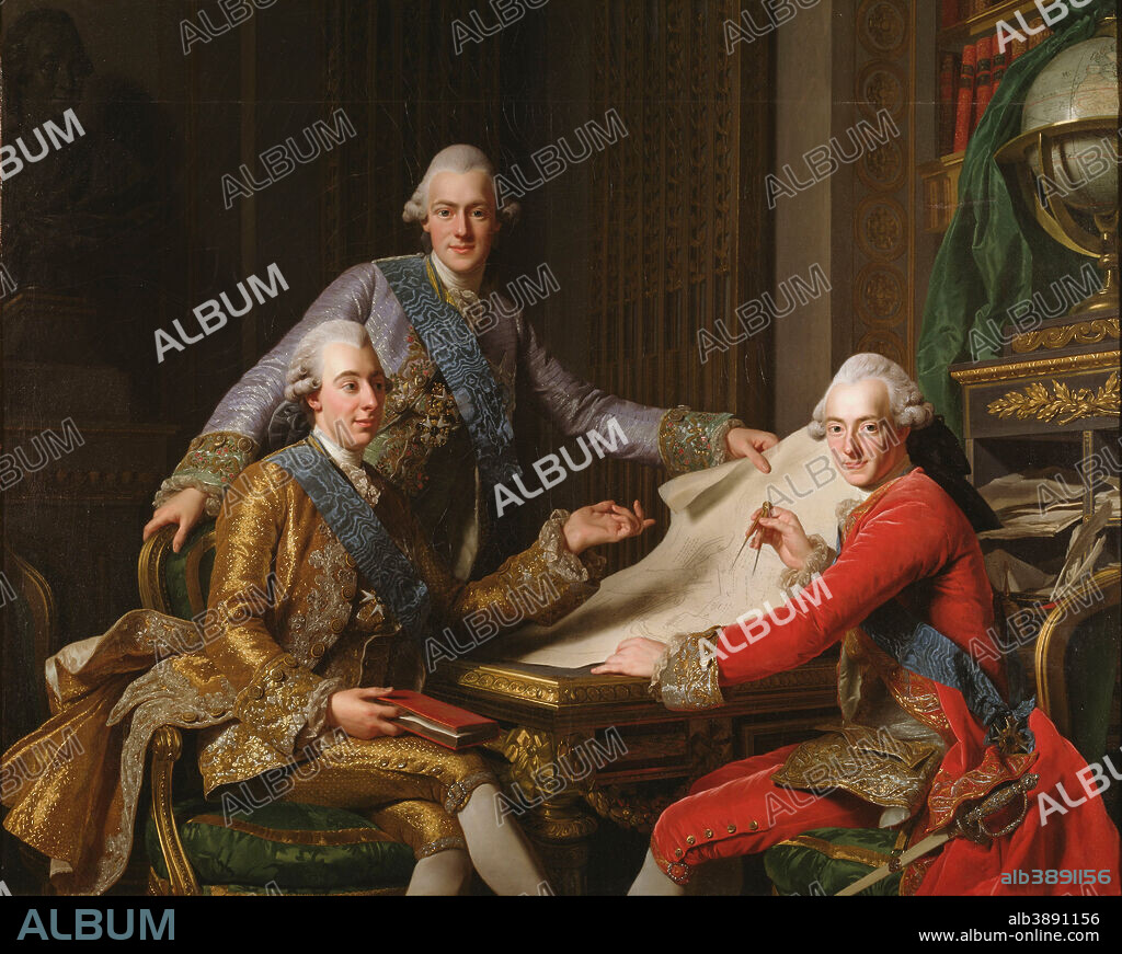ALEXANDER ROSLIN. Gustav III och hans bröder King Gustav III of Sweden and his Brothers. Date/Period: 1771. Painting. Oil on canvas. Height: 1,620 mm (63.77 in); Width: 2,030 mm (79.92 in).