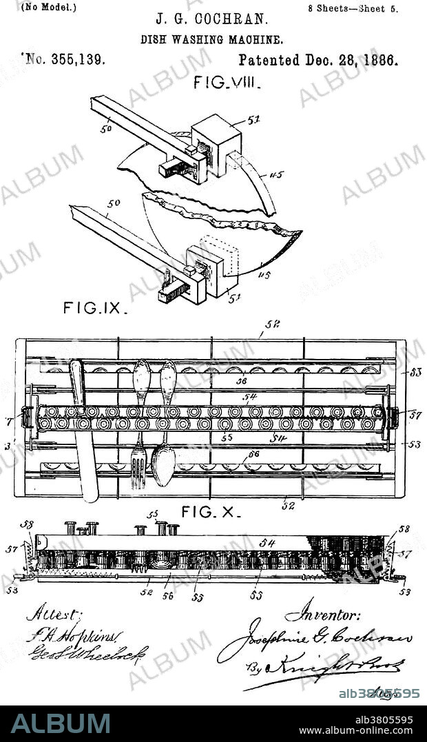 J.G. Cochran Dish Washing Machine patent. Josephine Garis Cochran (1839-1913) made the first practical mechanical dishwasher in 1886. First she measured the dishes. Then she built wire compartments, each specially designed to fit either plates, cups, or saucers. The compartments were placed inside a wheel that lay flat inside a copper boiler. A motor turned the wheel while hot soapy water squirted up from the bottom of the boiler and rained down on the dishes. She patented her design and went into production. She showed her invention at the 1893 World's Columbian Exposition in Chicago and won the highest prize for "best mechanical construction, durability and adaptation to its line of work".