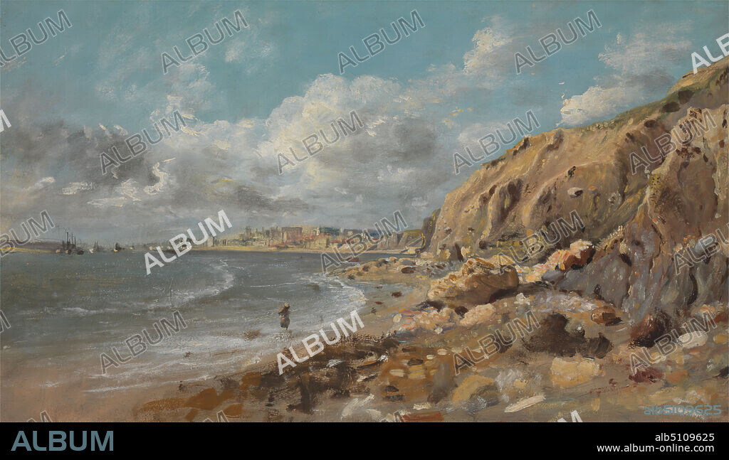 Coast Scene at Cullercoats near Whitley Bay, Attributed to John Linnell, 17921882, British, Or attributed to William Dixon, active 1834, ca. 1834, Oil on paper on masonite board, Support (PTG): 8 1/2 x 14 1/2 inches (21.6 x 36.8 cm), bay (body of water), beach, boats, brushstrokes, buildings, city, cityscape, cliff, clouds, figure, landscape, rocks (landforms), sand, sea, town, water, Cullercoats, England, Europe, North Tyneside, United Kingdom, Whitley Bay.