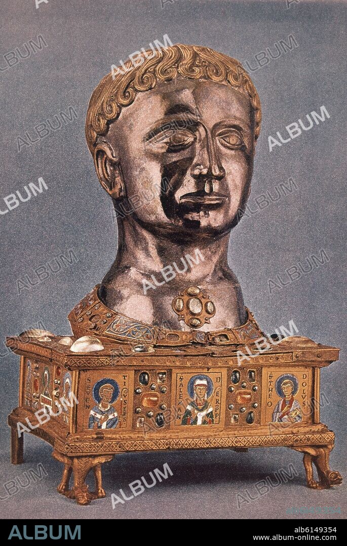 CABEZA RELICARIO DEL PAPA ALEJANDRO - SIGLO XII - PLATA BASE DE COBRE CINCELADO Y GRABADO CON ESMALTES.