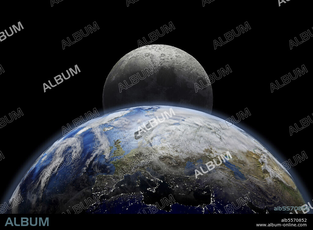 Planet Earth close-up with sunrise in space, city lights and moon. Europe and Asia view.