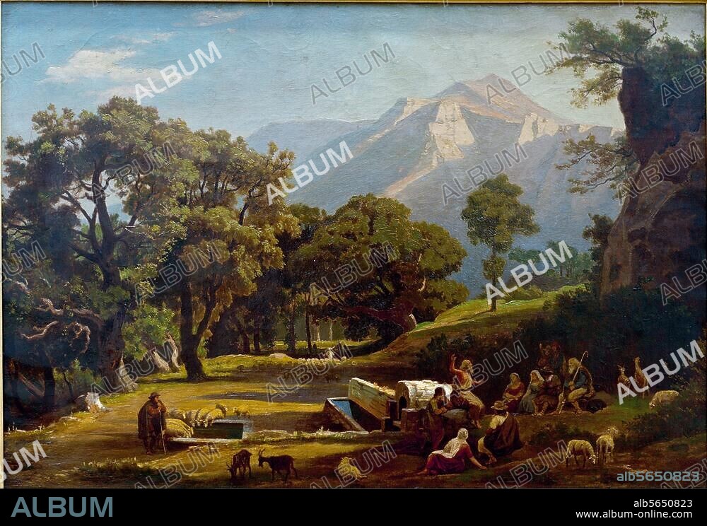 JOHANN WILHELM SCHIRMER. Schirmer, Johann Wilhelm. 1807-1863. "Biblische Landschaft", um 1856/57. (Die erste Predigt im Stamme Seth, -1. Moses 4, 26). Öl auf Leinwand, 63 × 67 cm. Düsseldorf, Museum Kunstpalast.