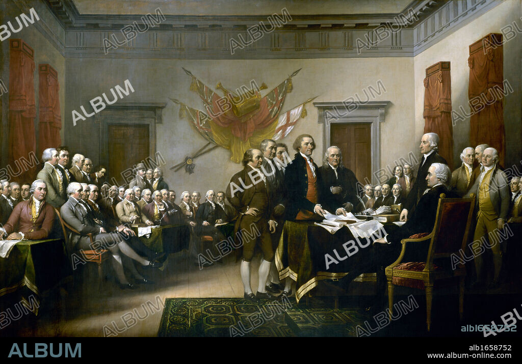 John Trumbull's painting, Declaration of Independence, depicting the five-man drafting committee of the Declaration of Independence presenting their work to the Congress. The painting can be found on the back of the U.S. $2 bill. The original hangs in the US Capitol rotunda.