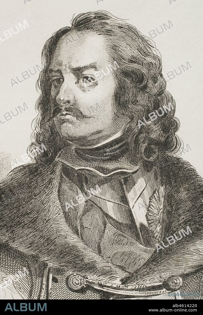 Pedro I de Rusia o Pedro I Alekséievich, llamado Pedro el Grande (1672-1725). Zar de Rusia de la Dinastía Románov. Retrato. Detalle. Grabado por Lemaitre, Vernier y Moret. Historia de Rusia por Chopin. Panorama Universal, edición española de 1839.