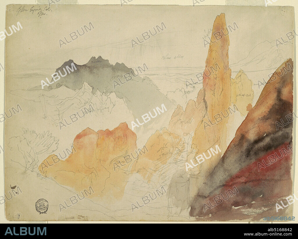 Glen Eyrie, Colorado, Thomas Moran, American, b. Britain, 18371926, Brush and watercolor, graphite on cream-colored paper, Horizontal view of sandstone cliffs from an elevated point, with mountain range across plain in background., Colorado, USA, 1892, landscapes, Drawing, Drawing.