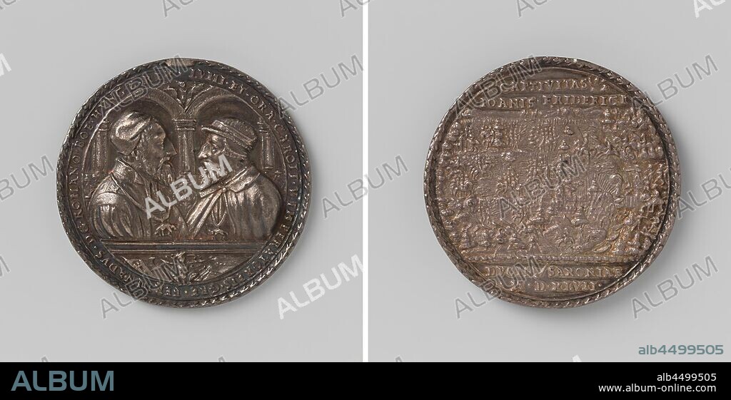 Imprisonment of Johan Frederik van Saksen in the battle of Muhlberg, medal in honor of Charles V and Ferdinand of Bohemia, Silver medal. Front: facing chest pieces of two men, violence in the background, above which is putto with two coats of arms, cut-out: putto with two coats of arms within a circle and decorative border. Reverse: battle with inscription, cut off: inscription inside decorative border., Battle of Muhlberg, Muhlberg, Charles V of Habsburg (German Emperor and King of Spain), Ferdinand I of Habsburg (German Emperor), Johan Frederik the Great (Elector of Saxony), Monogrammist WS (medailleur), Joachimsthal, 1547, silver (metal), founding, d 5.8 cm × w 57.44 gr.